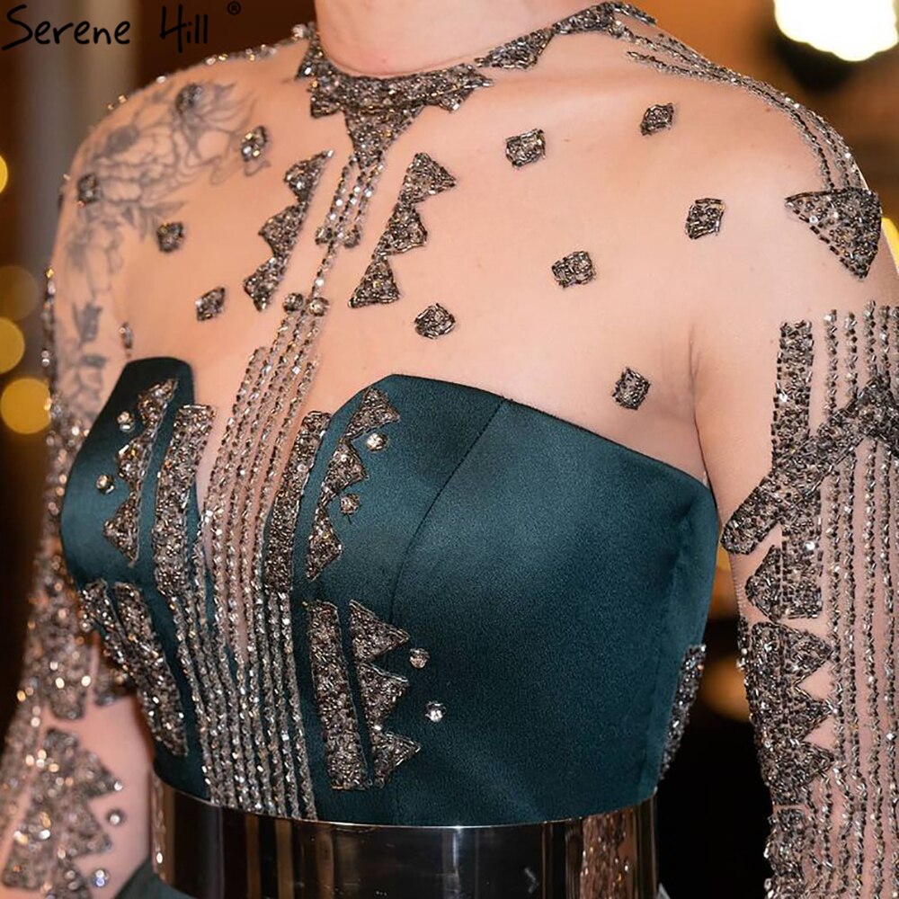 Vestidos de noche de satén verde con abertura, corte A, con cuentas, sexys, para mujer, para boda, fiesta, LA71067