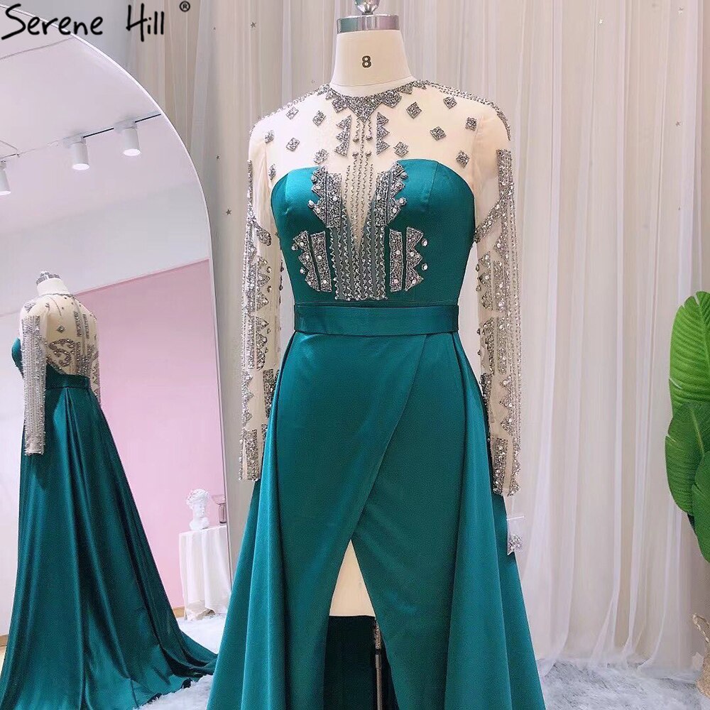 Vestidos de noche de satén verde con abertura, corte A, con cuentas, sexys, para mujer, para boda, fiesta, LA71067