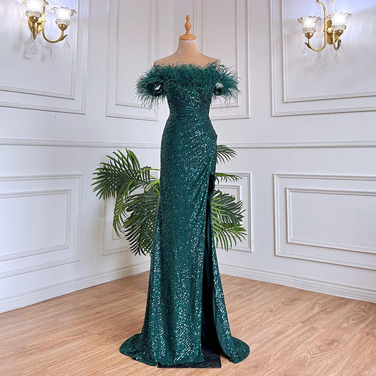 Vestido de noche formal de lujo con escote sirena, verde, sexy, con plumas abiertas, para mujer, para boda, fiesta, 2025, LA71848