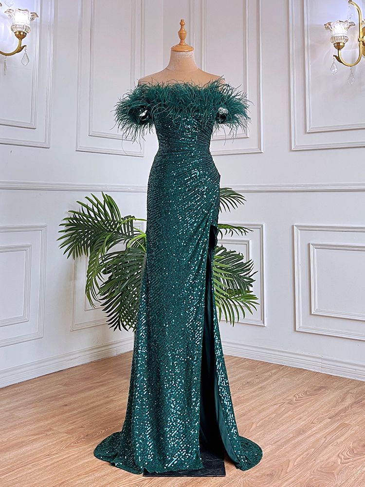 Vestido de noche formal de lujo con escote sirena, verde, sexy, con plumas abiertas, para mujer, para boda, fiesta, 2025, LA71848