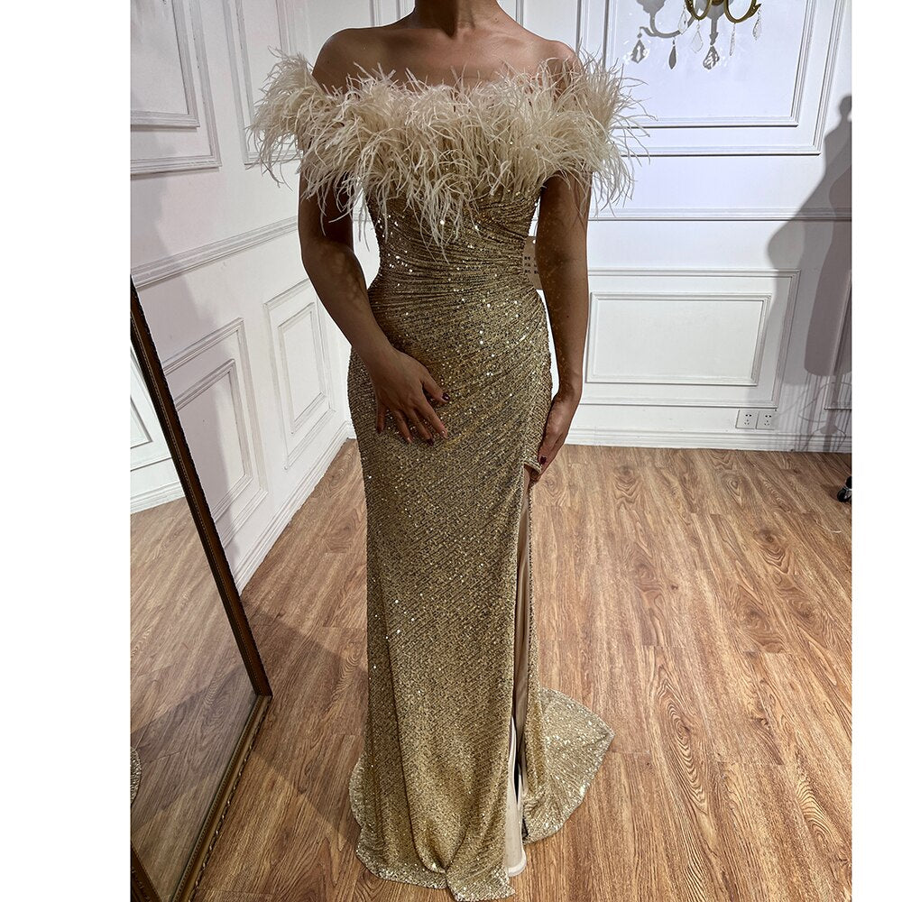 Vestido de noche formal de lujo con escote sirena, verde, sexy, con plumas abiertas, para mujer, para boda, fiesta, 2025, LA71848