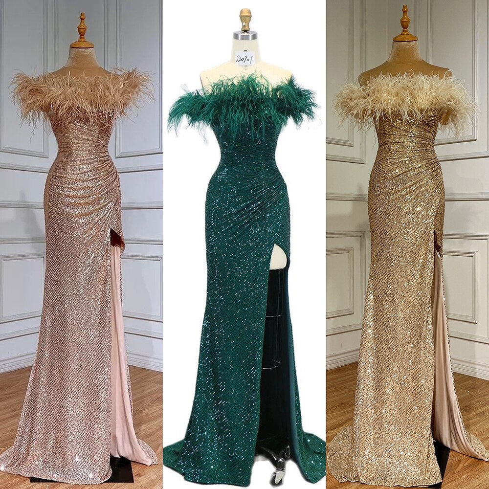 Vestido de noche formal de lujo con escote sirena, verde, sexy, con plumas abiertas, para mujer, para boda, fiesta, 2025, LA71848