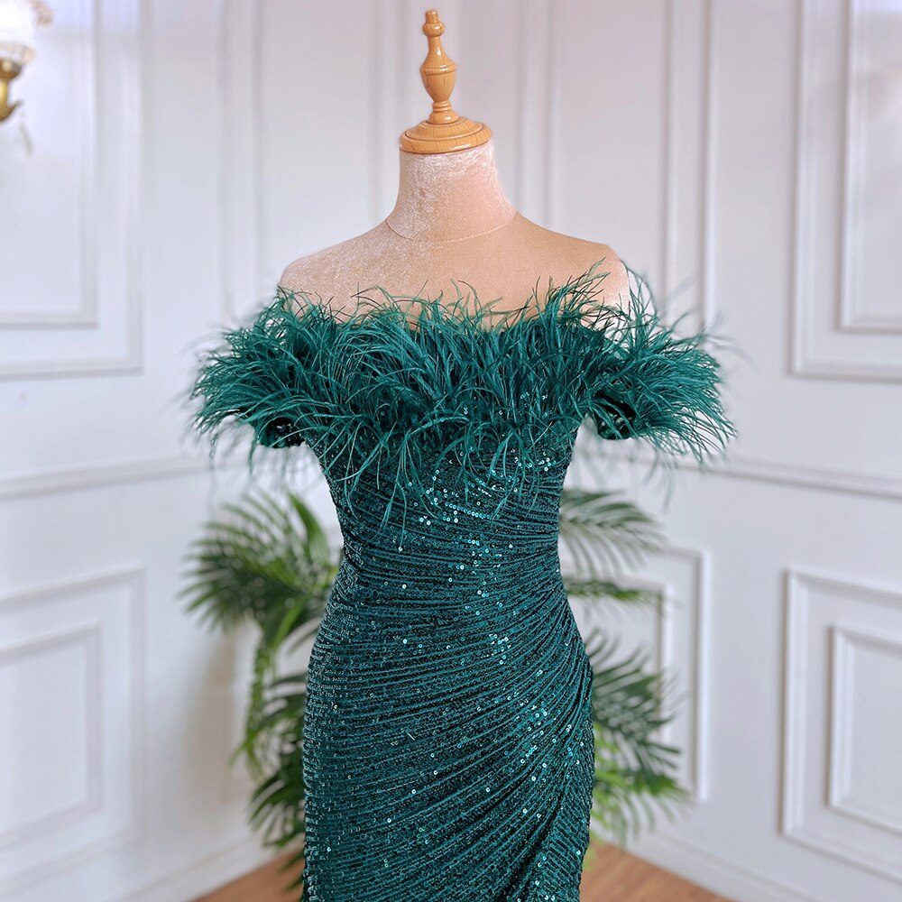 Vestido de noche formal de lujo con escote sirena, verde, sexy, con plumas abiertas, para mujer, para boda, fiesta, 2025, LA71848