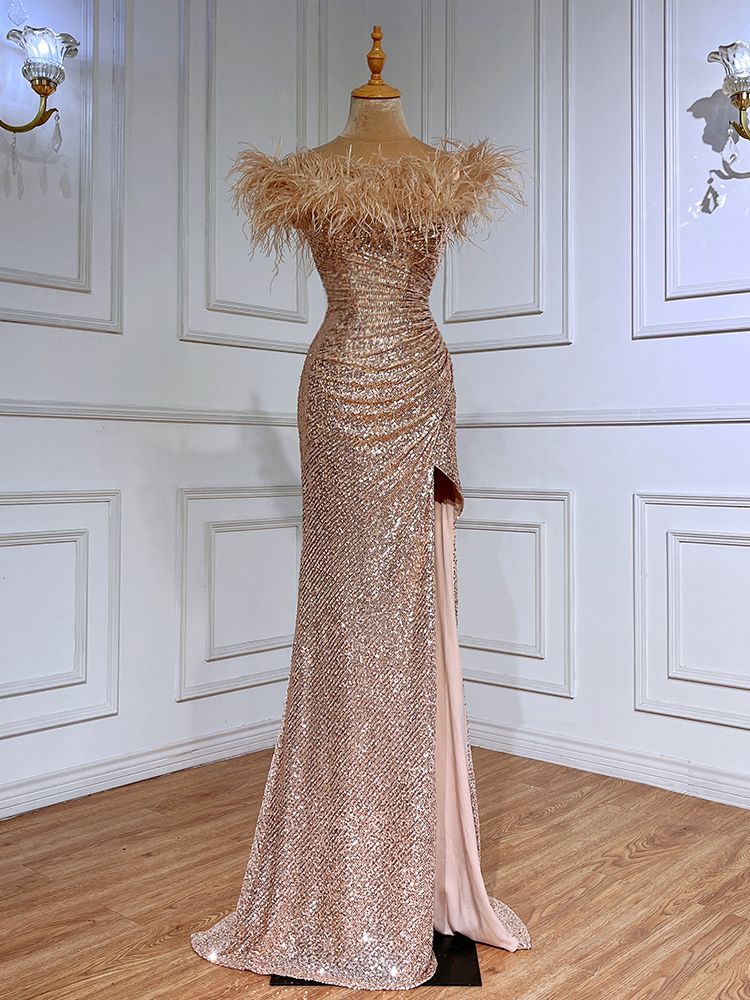 Vestido de noche formal de lujo con escote sirena, verde, sexy, con plumas abiertas, para mujer, para boda, fiesta, 2025, LA71848
