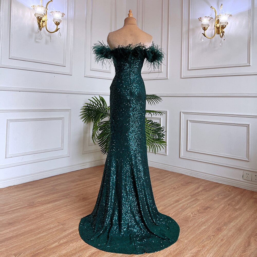 Vestido de noche formal de lujo con escote sirena, verde, sexy, con plumas abiertas, para mujer, para boda, fiesta, 2025, LA71848