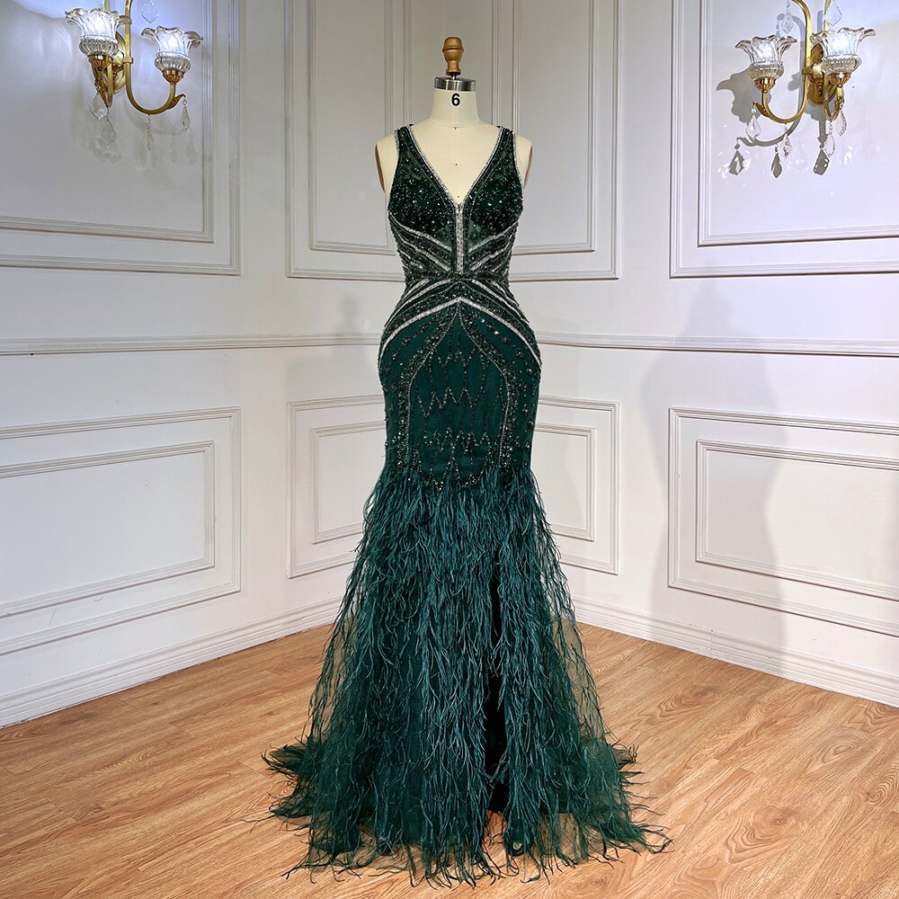Vestido de fiesta árabe de lujo, estilo sirena, verde, sexy, con plumas abiertas y cuentas, para mujer, 2025, LA71845