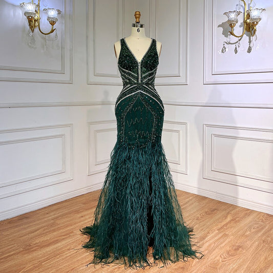 Vestido de fiesta árabe de lujo, estilo sirena, verde, sexy, con plumas abiertas y cuentas, para mujer, 2025, LA71845