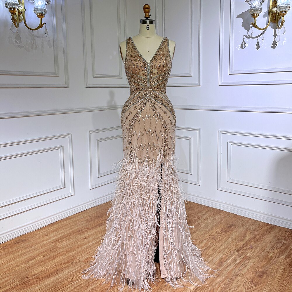 Vestido de fiesta árabe de lujo, estilo sirena, verde, sexy, con plumas abiertas y cuentas, para mujer, 2025, LA71845