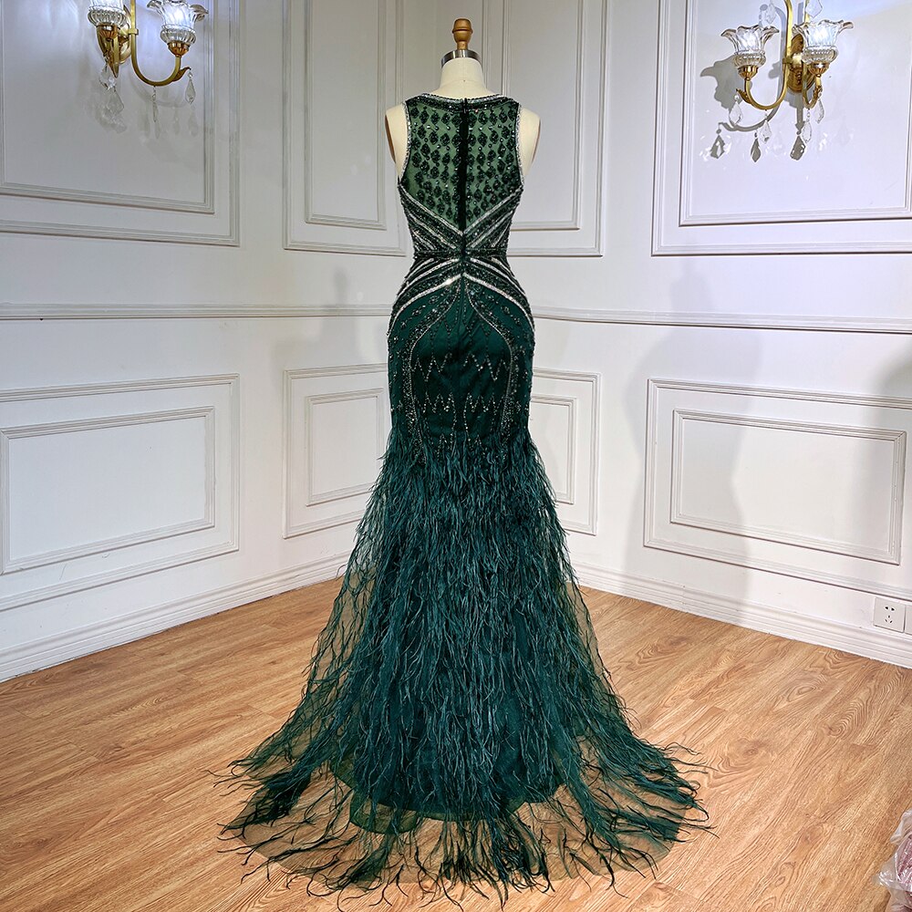 Vestido de fiesta árabe de lujo, estilo sirena, verde, sexy, con plumas abiertas y cuentas, para mujer, 2025, LA71845