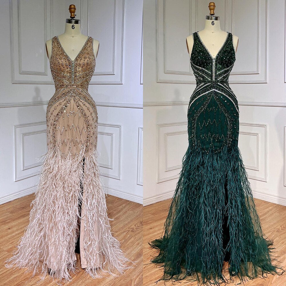 Vestido de fiesta árabe de lujo, estilo sirena, verde, sexy, con plumas abiertas y cuentas, para mujer, 2025, LA71845