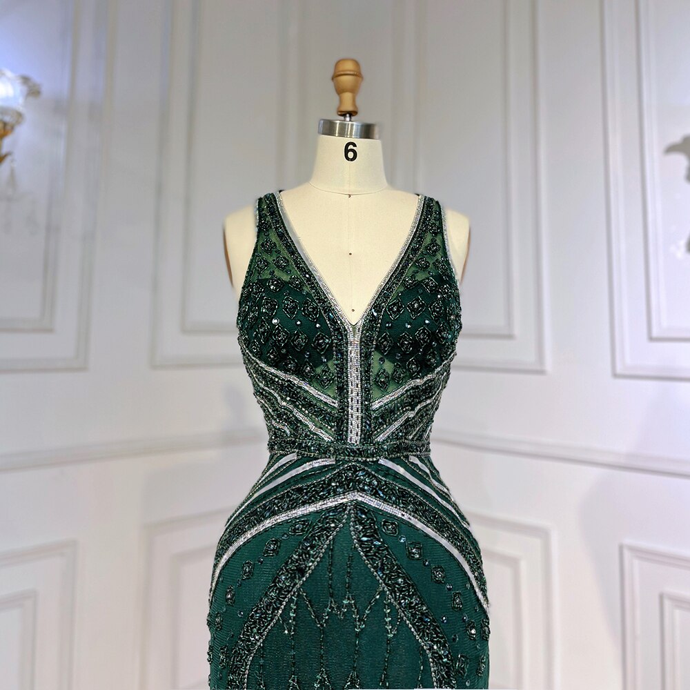 Vestido de fiesta árabe de lujo, estilo sirena, verde, sexy, con plumas abiertas y cuentas, para mujer, 2025, LA71845