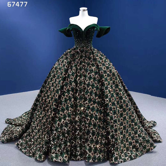 Vestido de novia verde sexy con hombros descubiertos, de lujo, con lentejuelas brillantes y cuentas, 2025, de alta gama, hecho a medida, HM67477