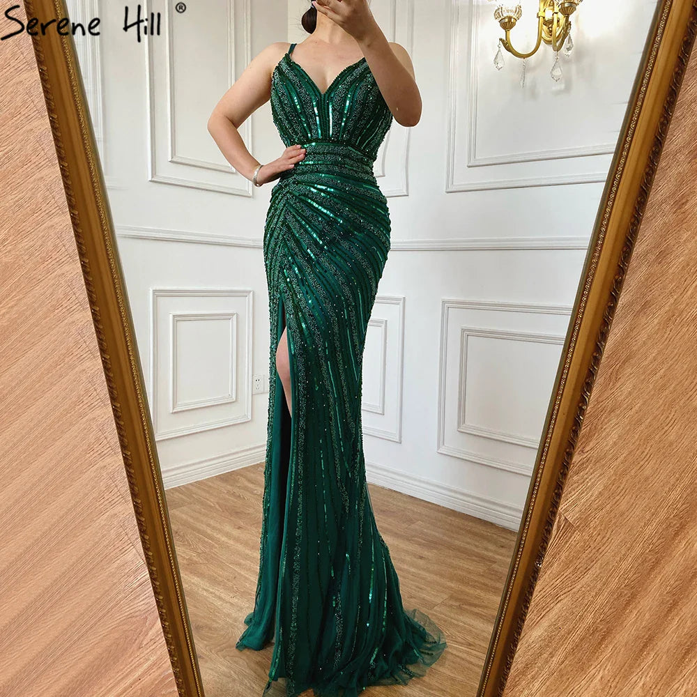 Vestido de noche verde sirena con tirantes finos, elegante, con cuentas y abertura alta, para mujer, fiesta, LA71235