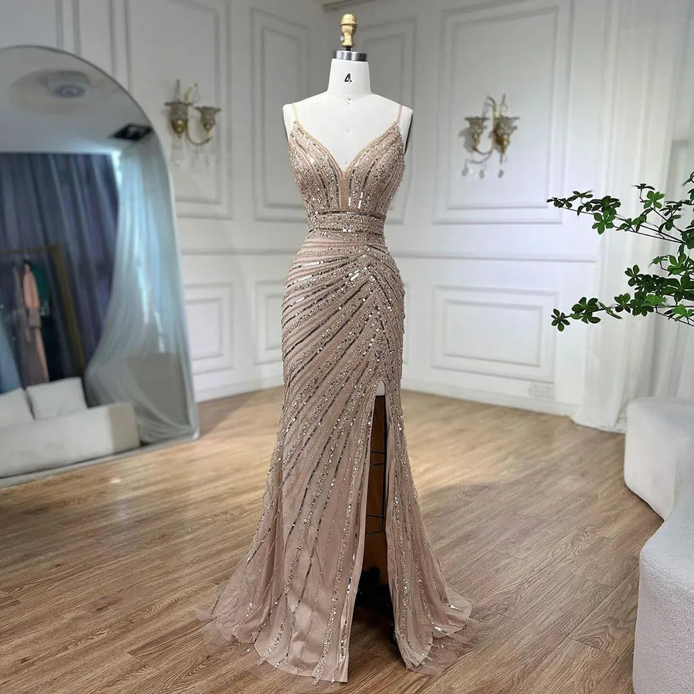 Vestido de noche verde sirena con tirantes finos, elegante, con cuentas y abertura alta, para mujer, fiesta, LA71235