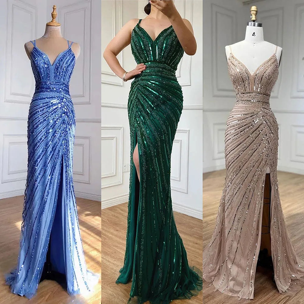 Vestido de noche verde sirena con tirantes finos, elegante, con cuentas y abertura alta, para mujer, fiesta, LA71235