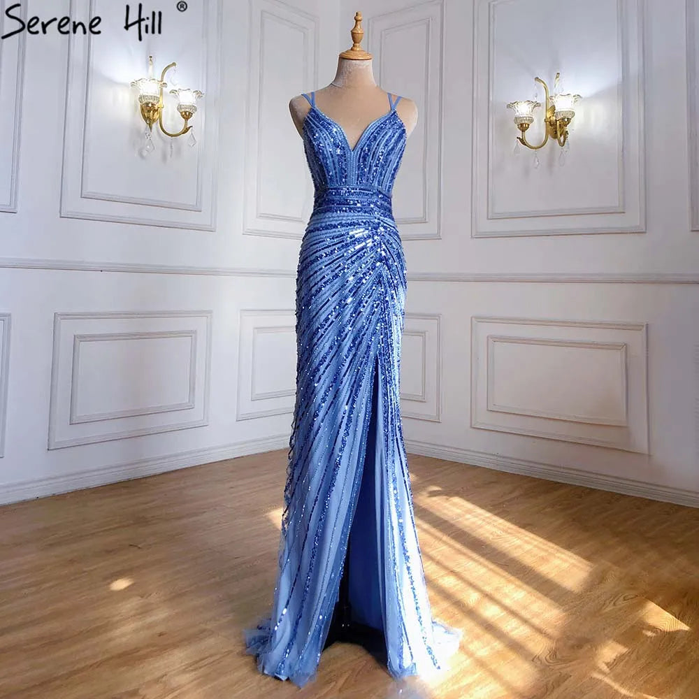 Vestido de noche verde sirena con tirantes finos, elegante, con cuentas y abertura alta, para mujer, fiesta, LA71235