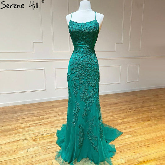 Vestido de fiesta de sirena con tirantes finos verdes, elegante, con encaje de cristal, para graduación y escuela, LA71162