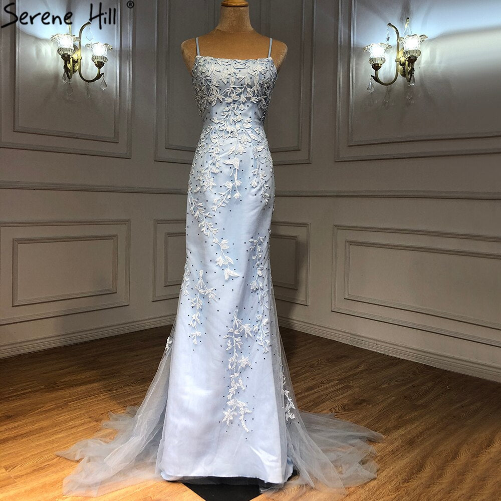 Vestido de fiesta de sirena con tirantes finos verdes, elegante, con encaje de cristal, para graduación y escuela, LA71162