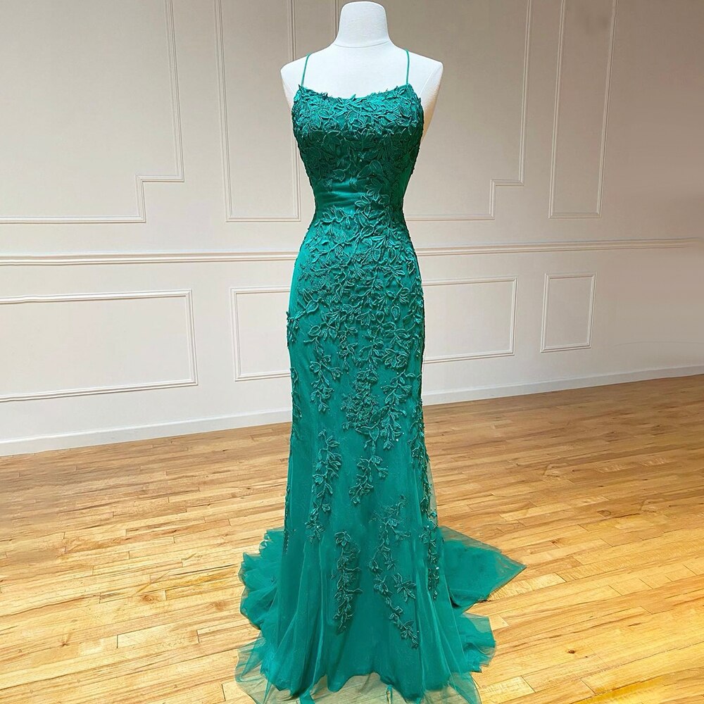 Vestido de fiesta de sirena con tirantes finos verdes, elegante, con encaje de cristal, para graduación y escuela, LA71162