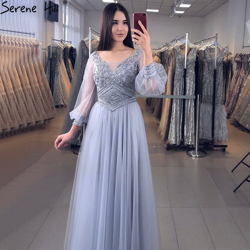 Vestidos de noche grises de corte A con cuentas, mangas largas tipo farol, de lujo, para mujer, fiesta, LA70964
