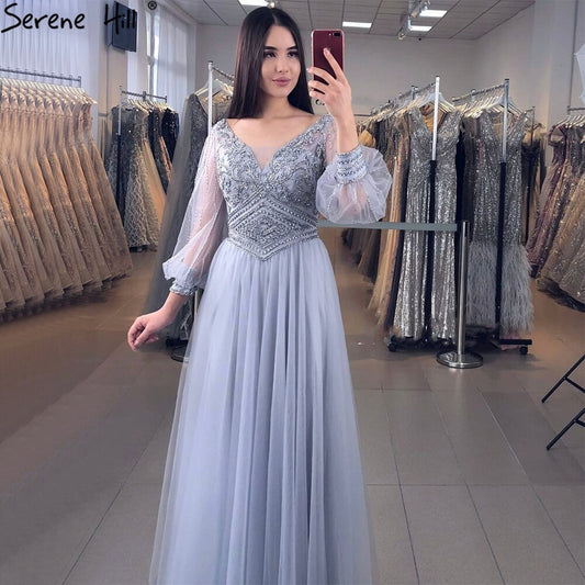 Vestidos de noche grises de corte A con cuentas, mangas largas tipo farol, de lujo, para mujer, fiesta, LA70964