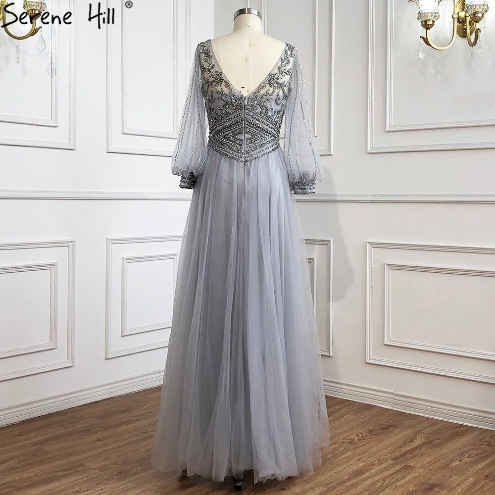 Vestidos de noche grises de corte A con cuentas, mangas largas tipo farol, de lujo, para mujer, fiesta, LA70964