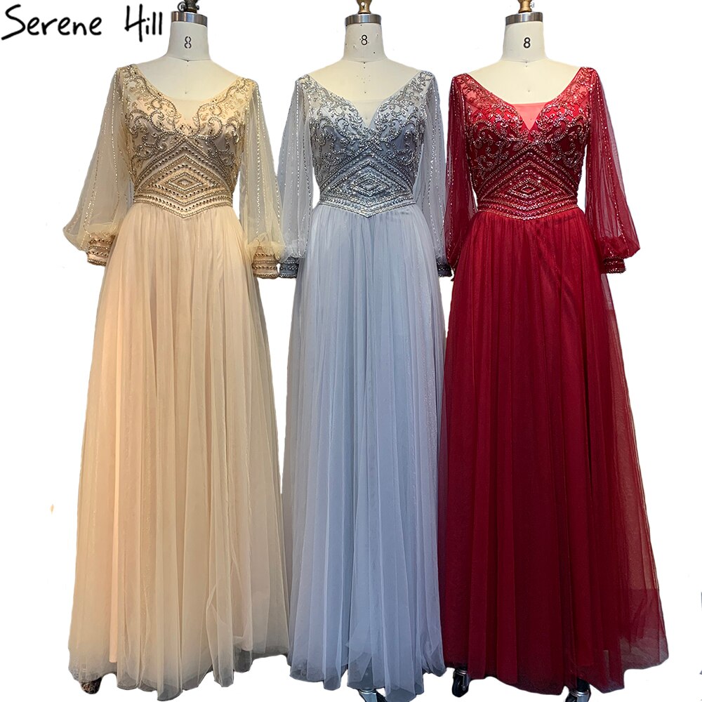 Vestidos de noche grises de corte A con cuentas, mangas largas tipo farol, de lujo, para mujer, fiesta, LA70964