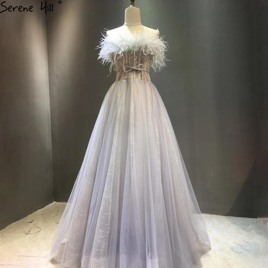 Vestidos de noche grises de lujo, corte A, 2025, con cuentas y plumas, sexys, para mujer, para bodas y fiestas LA70803