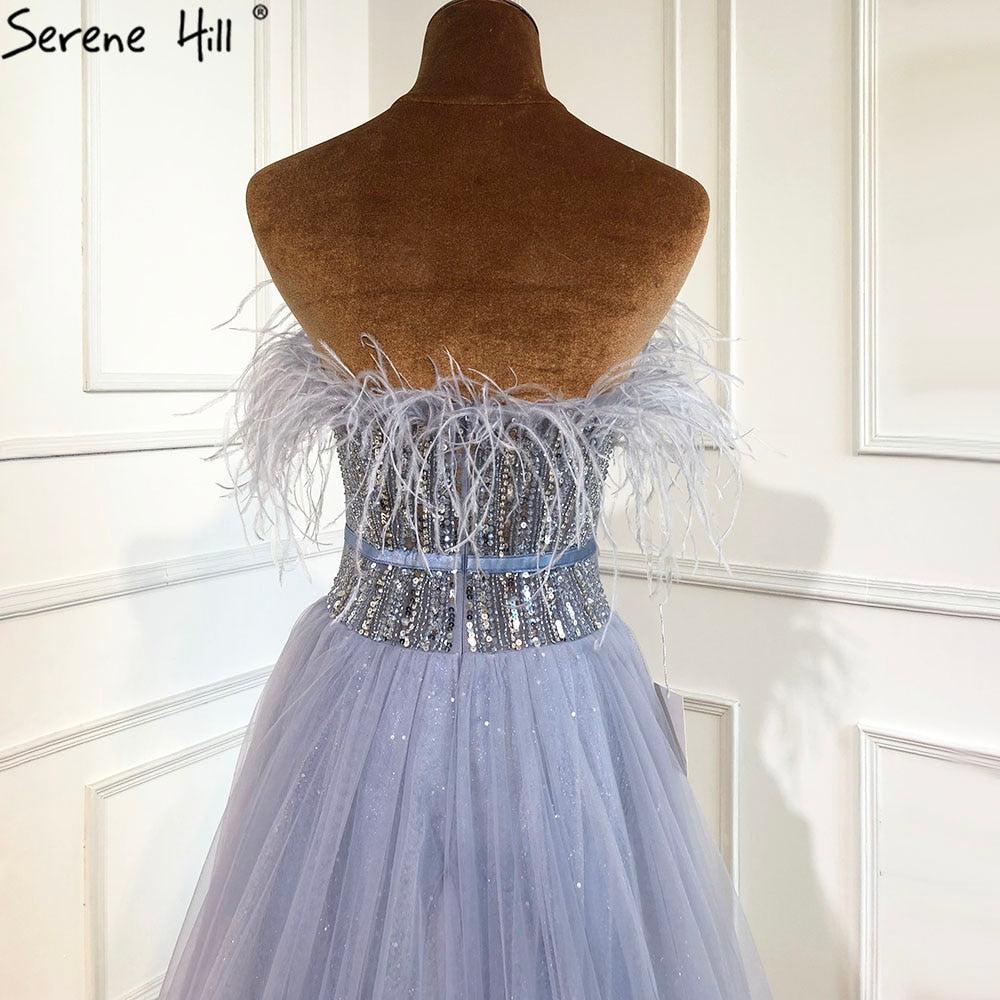 Vestidos de noche grises de lujo, corte A, 2025, con cuentas y plumas, sexys, para mujer, para bodas y fiestas LA70803