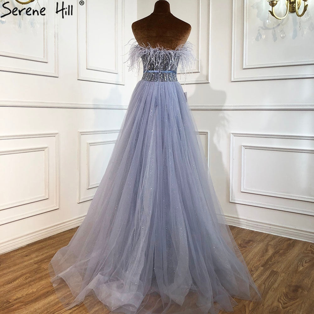 Vestidos de noche grises de lujo, corte A, 2025, con cuentas y plumas, sexys, para mujer, para bodas y fiestas LA70803