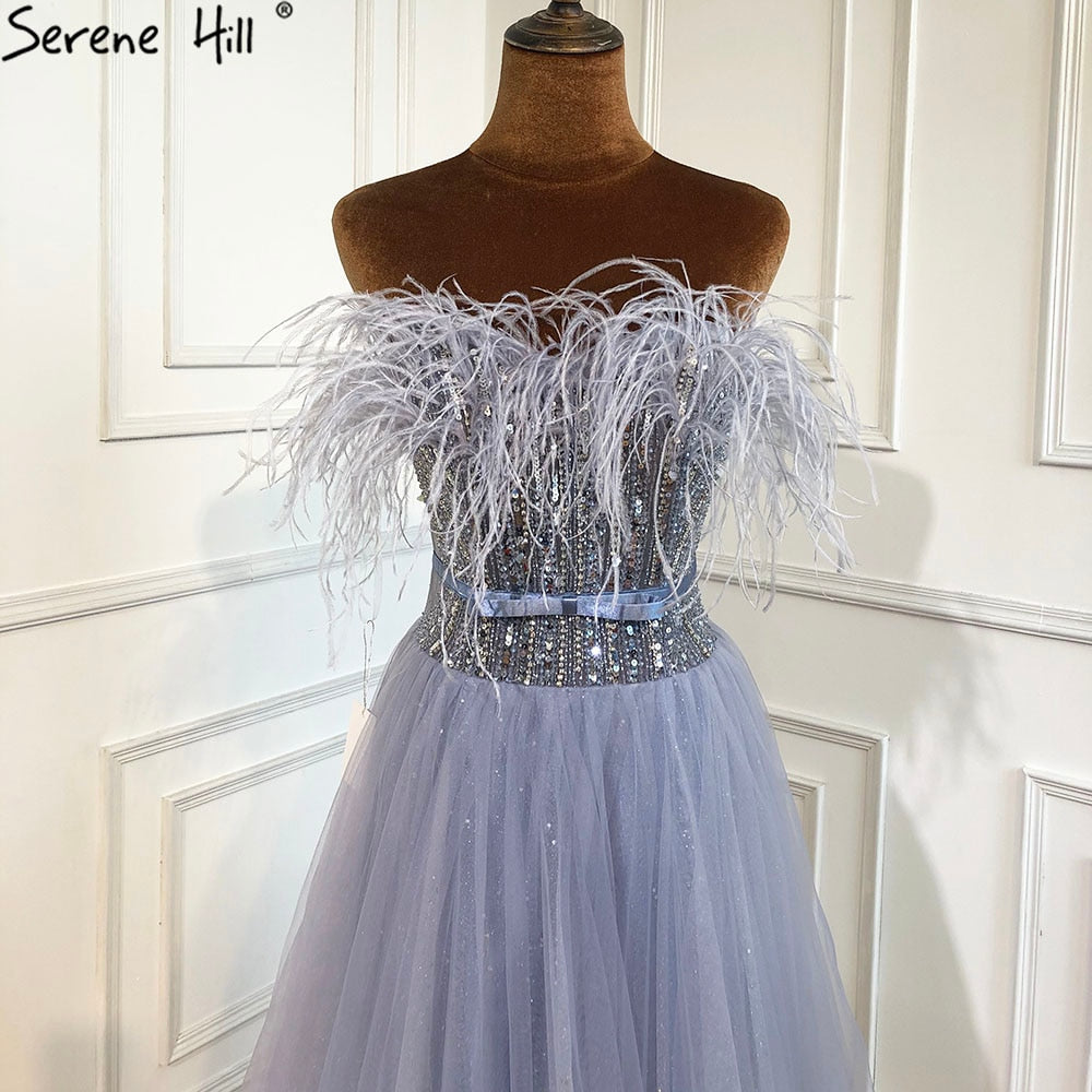 Vestidos de noche grises de lujo, corte A, 2025, con cuentas y plumas, sexys, para mujer, para bodas y fiestas LA70803
