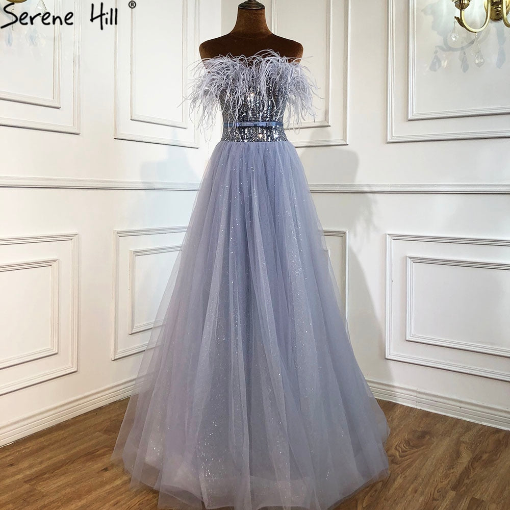 Vestidos de noche grises de lujo, corte A, 2025, con cuentas y plumas, sexys, para mujer, para bodas y fiestas LA70803