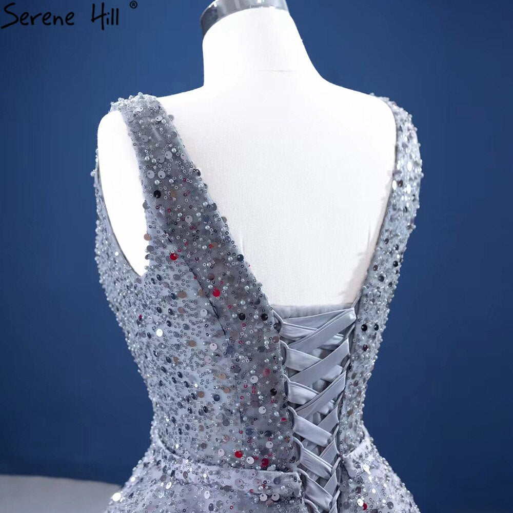 Vestidos de noche grises de lujo, corte A, 2025, con cuentas, sin mangas, con cordones, para mujer, fiesta, HM67288