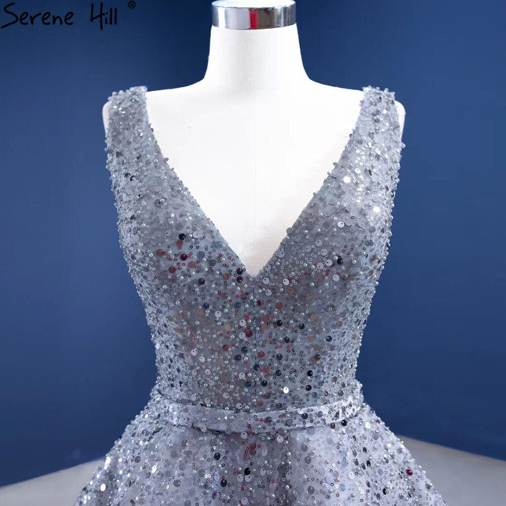 Vestidos de noche grises de lujo, corte A, 2025, con cuentas, sin mangas, con cordones, para mujer, fiesta, HM67288