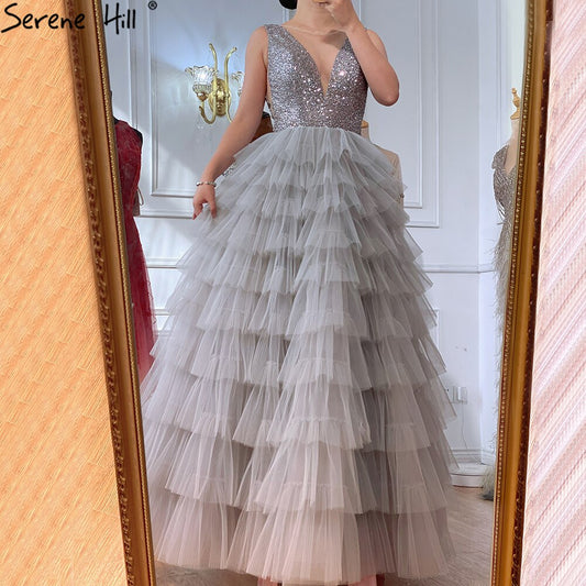 Vestidos de noche grises de lujo, corte A, 2025, con cuentas, capas, sexys, para mujer, fiesta, LA70918