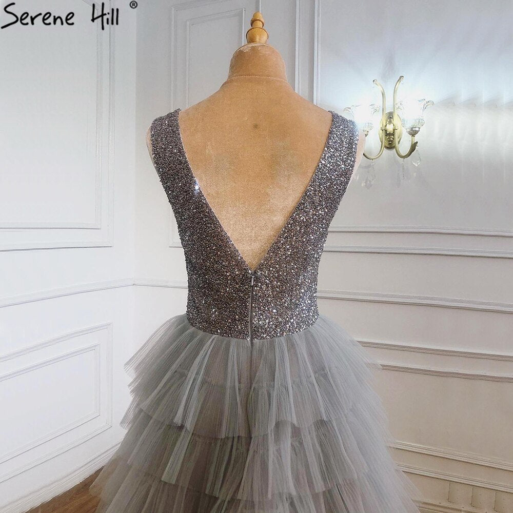 Vestidos de noche grises de lujo, corte A, 2025, con cuentas, capas, sexys, para mujer, fiesta, LA70918