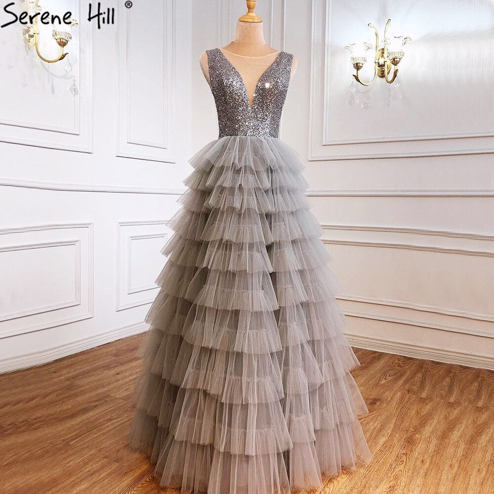 Vestidos de noche grises de lujo, corte A, 2025, con cuentas, capas, sexys, para mujer, fiesta, LA70918