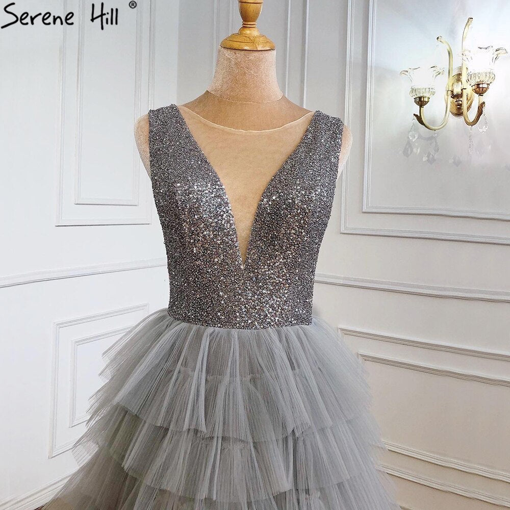 Vestidos de noche grises de lujo, corte A, 2025, con cuentas, capas, sexys, para mujer, fiesta, LA70918