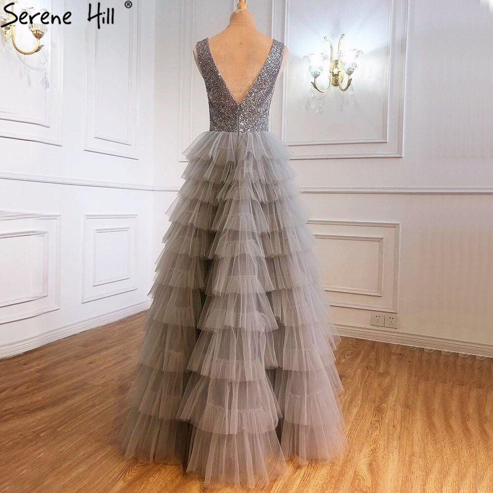 Vestidos de noche grises de lujo, corte A, 2025, con cuentas, capas, sexys, para mujer, fiesta, LA70918