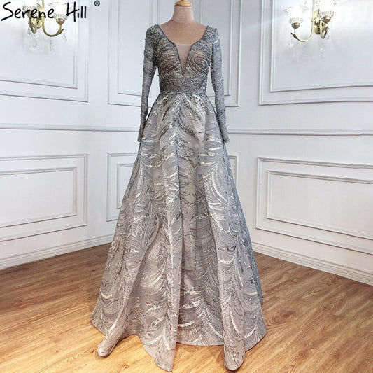 Vestidos de noche grises de lujo, corte A, 2025, encaje con cuentas y cristales, sexys para mujer, fiesta LA71171