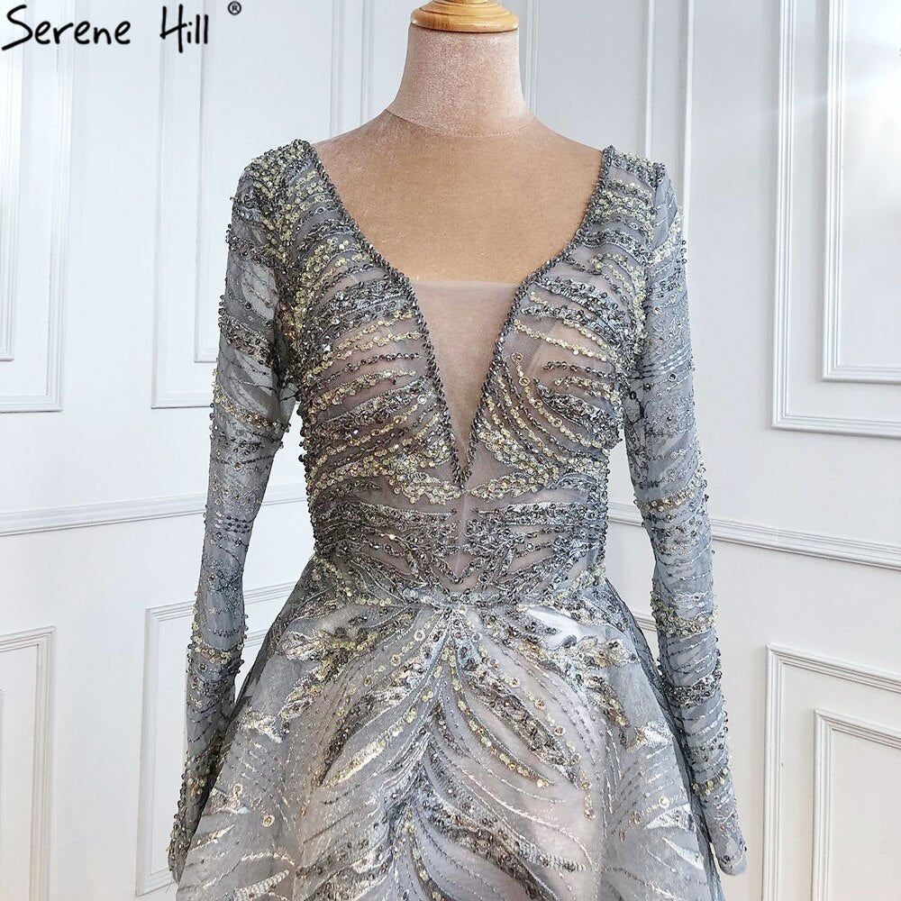 Vestidos de noche grises de lujo, corte A, 2025, encaje con cuentas y cristales, sexys para mujer, fiesta LA71171