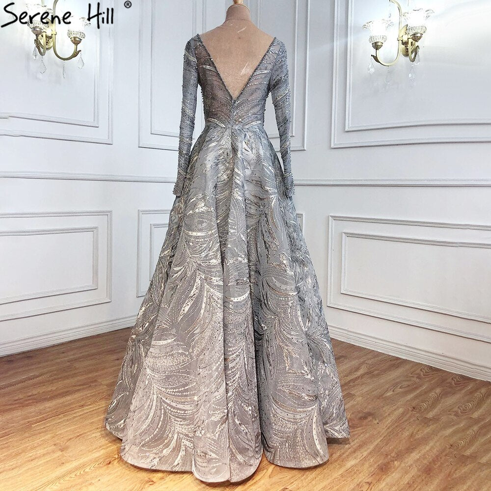 Vestidos de noche grises de lujo, corte A, 2025, encaje con cuentas y cristales, sexys para mujer, fiesta LA71171