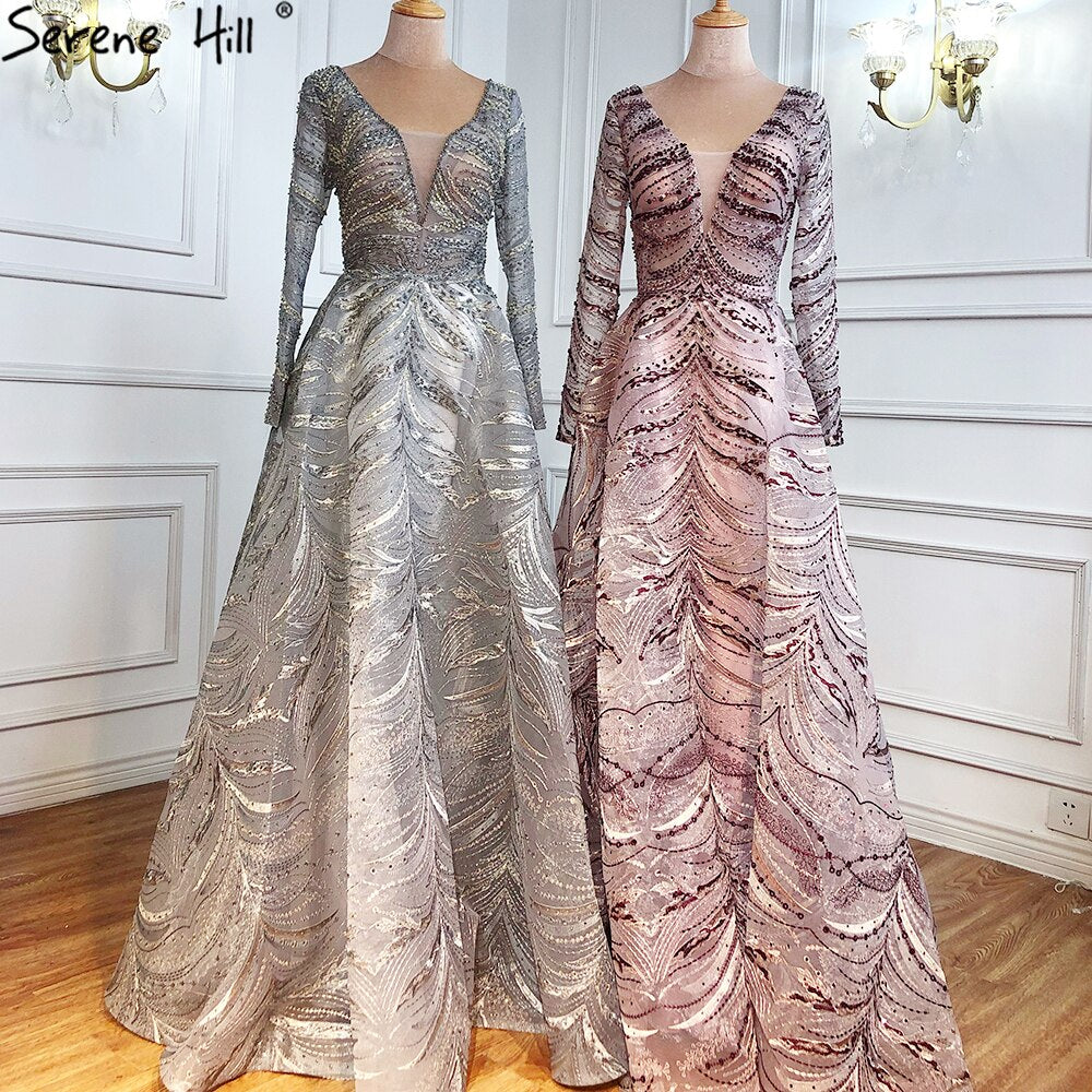 Vestidos de noche grises de lujo, corte A, 2025, encaje con cuentas y cristales, sexys para mujer, fiesta LA71171