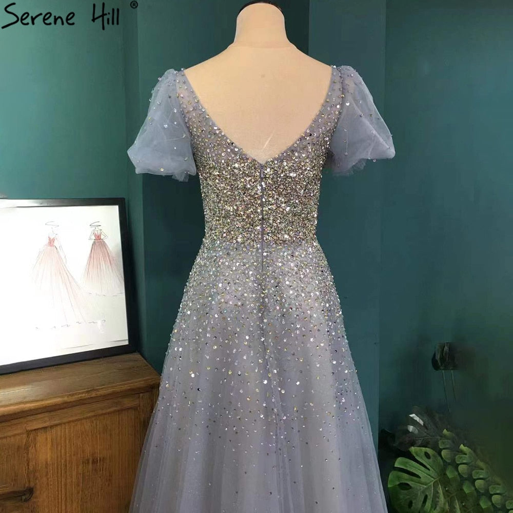 Vestidos de noche grises de lujo, corte A, 2025, mangas cortas, con cuentas, sexys, para mujer, fiesta, LA71153A