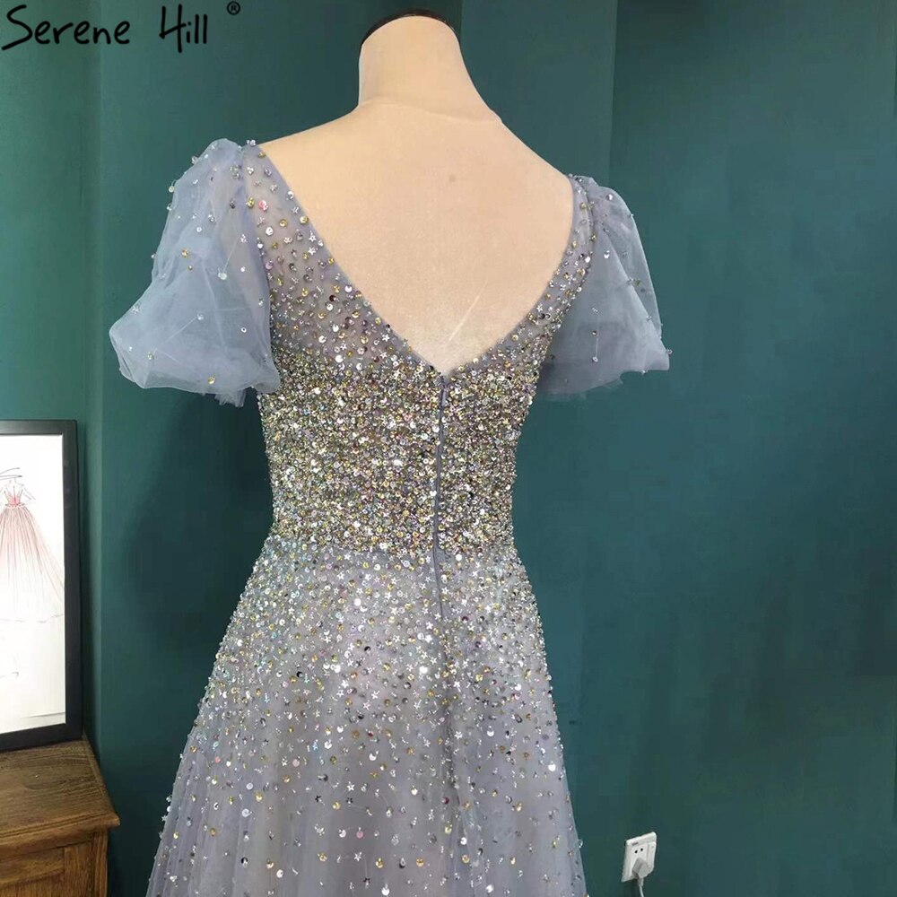 Vestidos de noche grises de lujo, corte A, 2025, mangas cortas, con cuentas, sexys, para mujer, fiesta, LA71153A