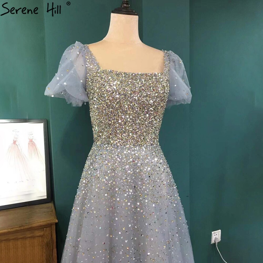 Vestidos de noche grises de lujo, corte A, 2025, mangas cortas, con cuentas, sexys, para mujer, fiesta, LA71153A