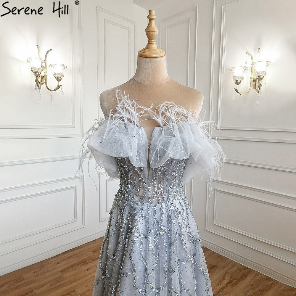 Grau A-Linie Sexy Abendkleider Perlen Feder Sparkle Formale Frauen Party LA71328 Besondere