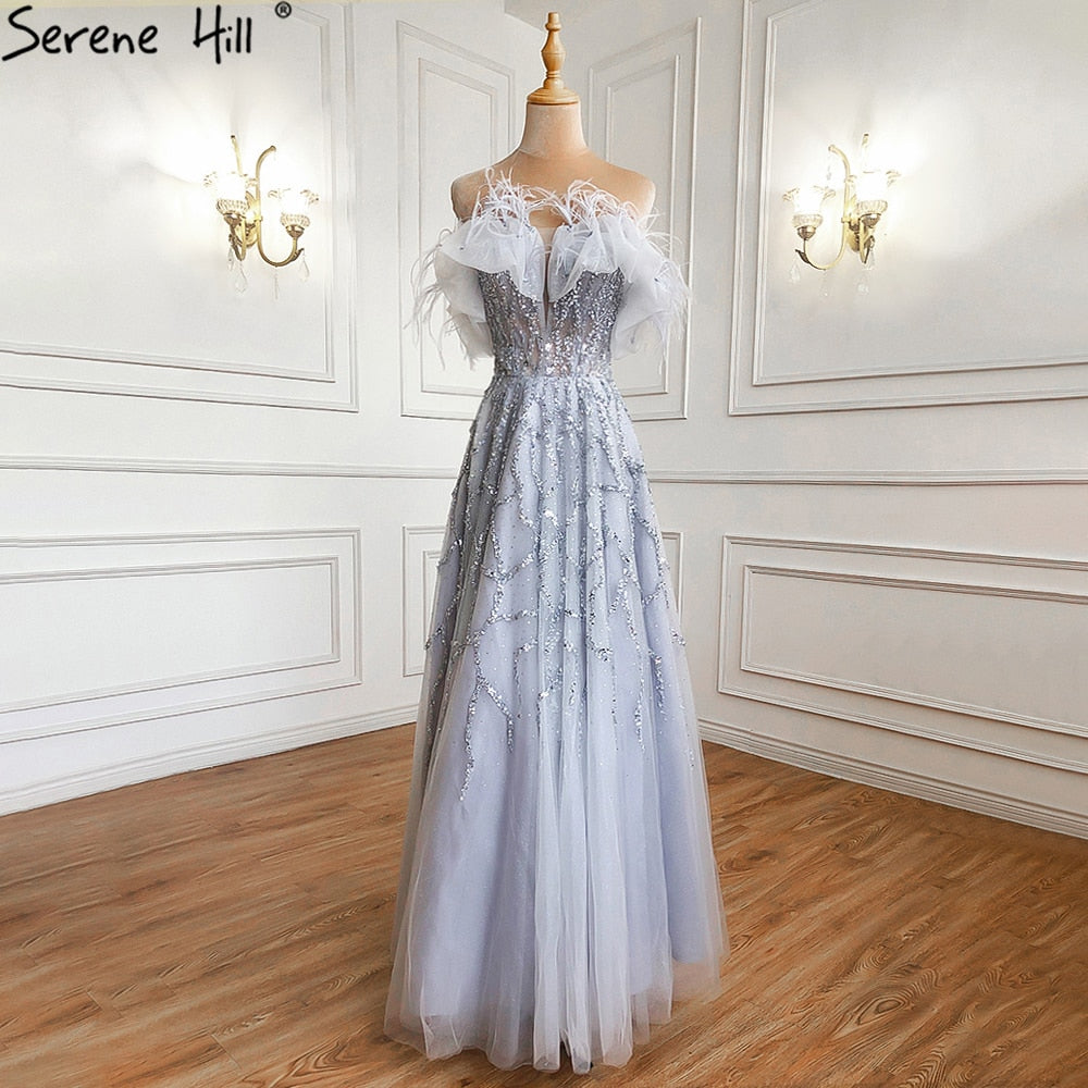 Grau A-Linie Sexy Abendkleider Perlen Feder Sparkle Formale Frauen Party LA71328 Besondere