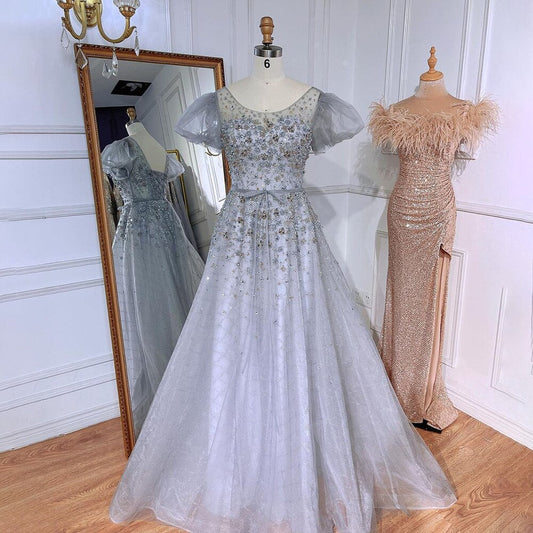 Vestidos de noche de lujo grises, corte A, sexys, largos hasta el suelo, con cuentas y cuello redondo, para mujer, estilo árabe, fiesta 2025, LA71839