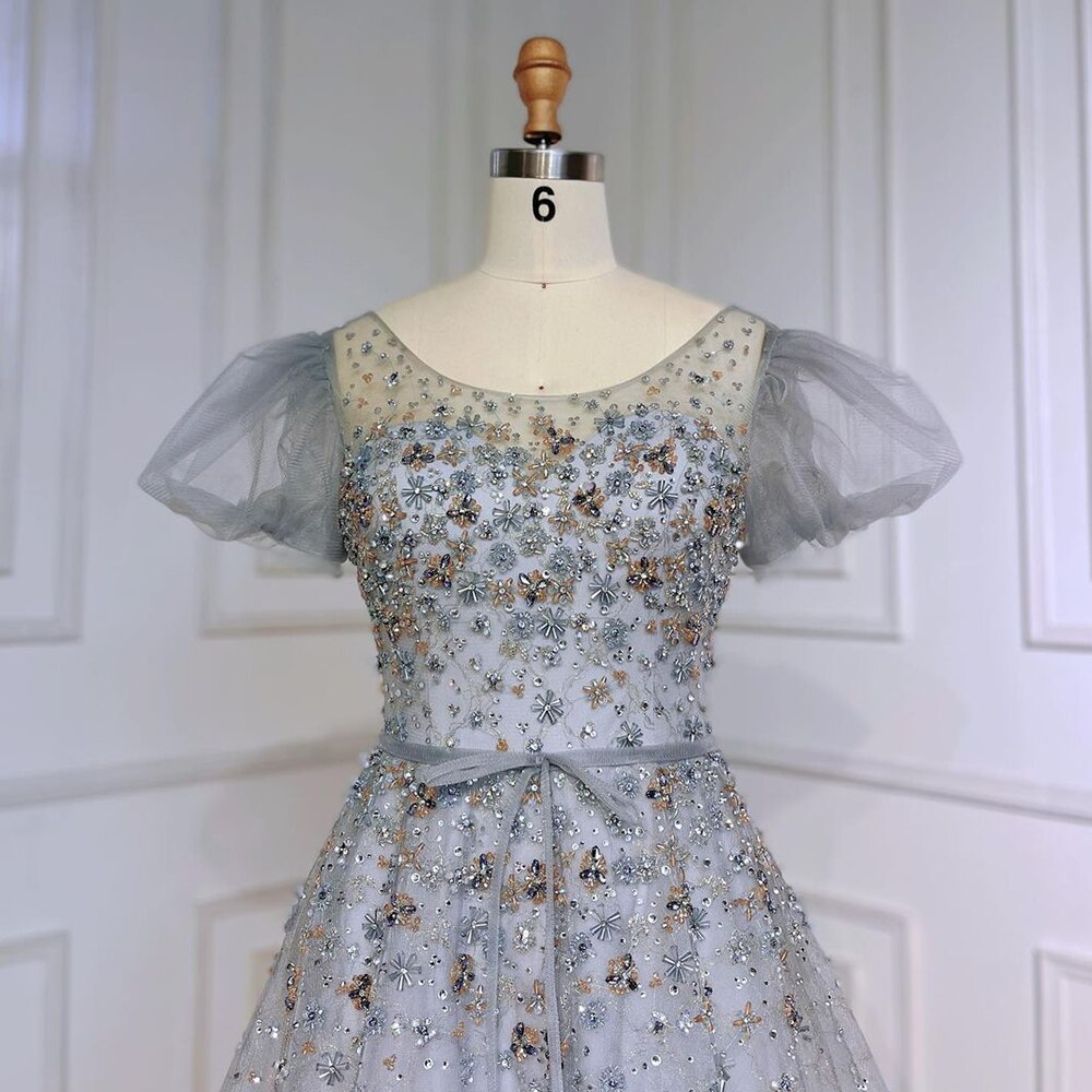 Vestidos de noche de lujo grises, corte A, sexys, largos hasta el suelo, con cuentas y cuello redondo, para mujer, estilo árabe, fiesta 2025, LA71839